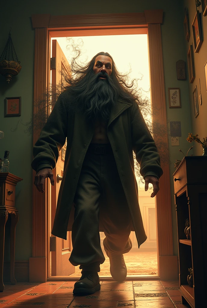 An angry bearded man with black negative energy overflowing around him entering the house, disney pixar style 3d.