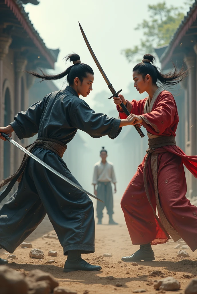 A young man and a young woman with beautiful faces showing ferocity in torn dark blue and red clothes that reveal their beautiful breasts, slender legs, underwear of a full-fledged official from the Han Fu Dynasty, a naked body holding a sword in a deserted house with its back bent against the wall, using martial arts to fight each other. A young man and a young woman with beautiful faces showing ferocity in full blue and red clothes of a official from the Han Fu Dynasty are fighting with an army. They lead soldiers to inspect an abandoned village with no people on the road. They find a young man with a cold face, wearing a white shirt, standing across the air, filled with dust and fog. Ancient ruins, every detail is realistic. The bodies are wearing underwear, fighting.