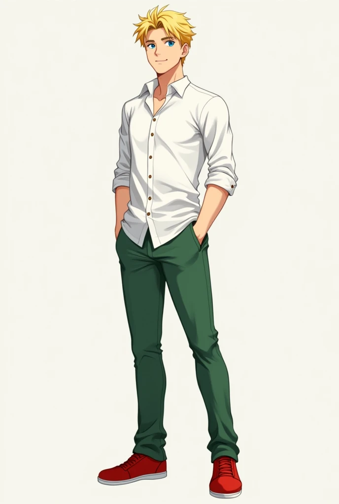 Young handsome male blond hair blue eyes white shirt long sleeve green pants red shoes anime style