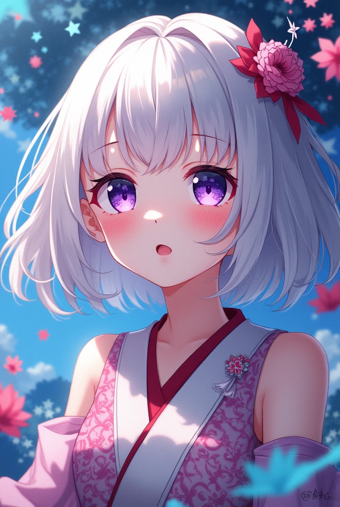 Anime girl characterized by detailed characters with clear lines and big, expressive eyes. Use a palette of vibrant and contrasting colors, with visual effects that mix traditional Japanese with the fantastic, with violet eyes and short white hair