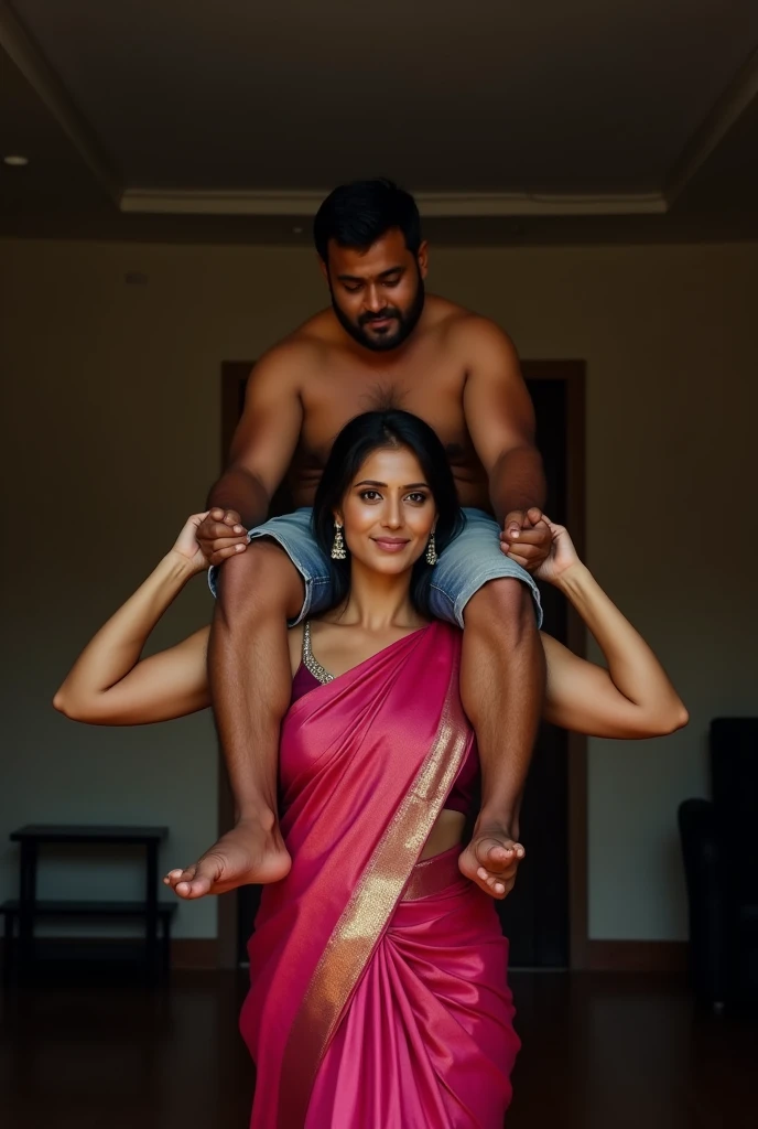 Beautiful and Slim Indian woman in a dark pink silk saree lifting piggyback a large chubby man above her shoulders, man is sitting on woman's shoulders, in a dark room with high ceiling, natural smile, woman is looking into the camera , she is holding his hands, full body image