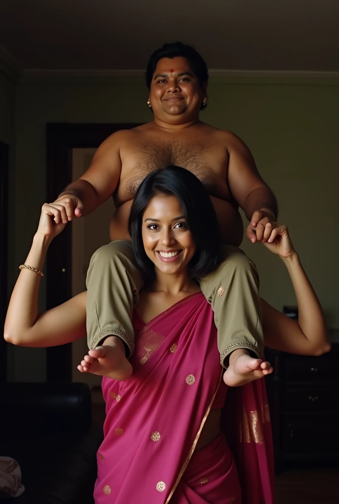 Beautiful and Slim Indian woman in a dark pink silk saree lifting piggyback a large chubby man above her shoulders, man is sitting on woman's shoulders, in a dark room with high ceiling, natural smile, woman is looking into the camera , she is holding his hands, full body image