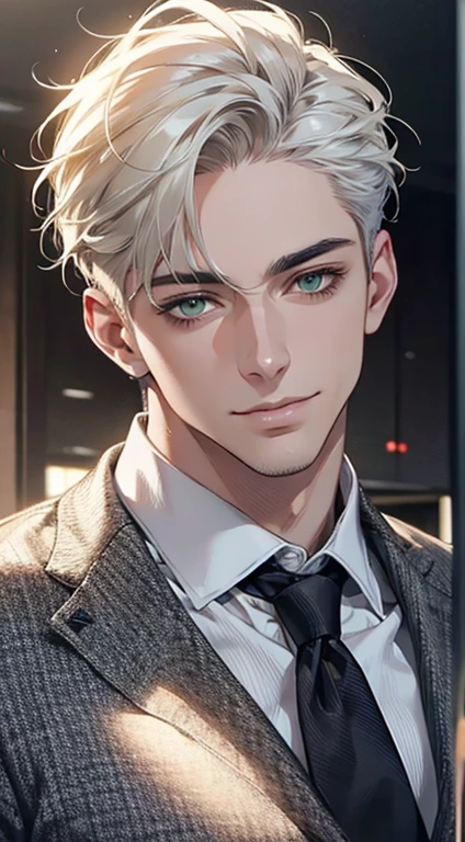 (Highest quality,4K,8K,High resolution,masterpiece:1.2),Super detailed,(Realistic,photoRealistic,photo-Realistic:1.37),1 personld,Mature Men,Beautiful skin、very handsome,Expressionless smile in love,Short white hair,green eyes,Sharp Eyes,A perfect face without a doubt,Businessman, CEO, Office Background,Cinema Lighting,HDR image,tie、