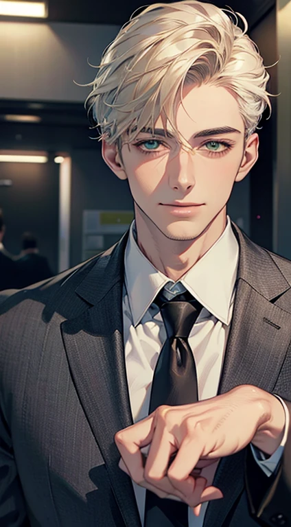 (Highest quality,4K,8K,High resolution,masterpiece:1.2),Super detailed,(Realistic,photoRealistic,photo-Realistic:1.37),1 personld,Mature Men,Beautiful skin、very handsome,Expressionless smile in love,Short white hair,green eyes,Sharp Eyes,A perfect face without a doubt,Businessman, CEO, Office Background,Cinema Lighting,HDR image,tie、