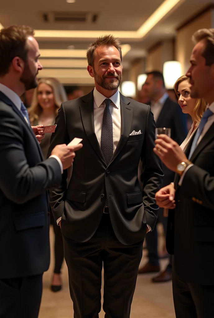 Scene 6: Networking and Relationships:
Show Rich Dad in a business networking event, surrounded by various professionals like bankers, real estate agents, and entrepreneurs. They are engaged in a lively conversation, exchanging business cards. The atmosphere should be positive, with everyone dressed in business attire, looking friendly and open to opportunities.