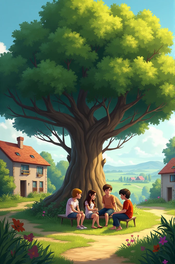 4 friends in set here a tree in village 