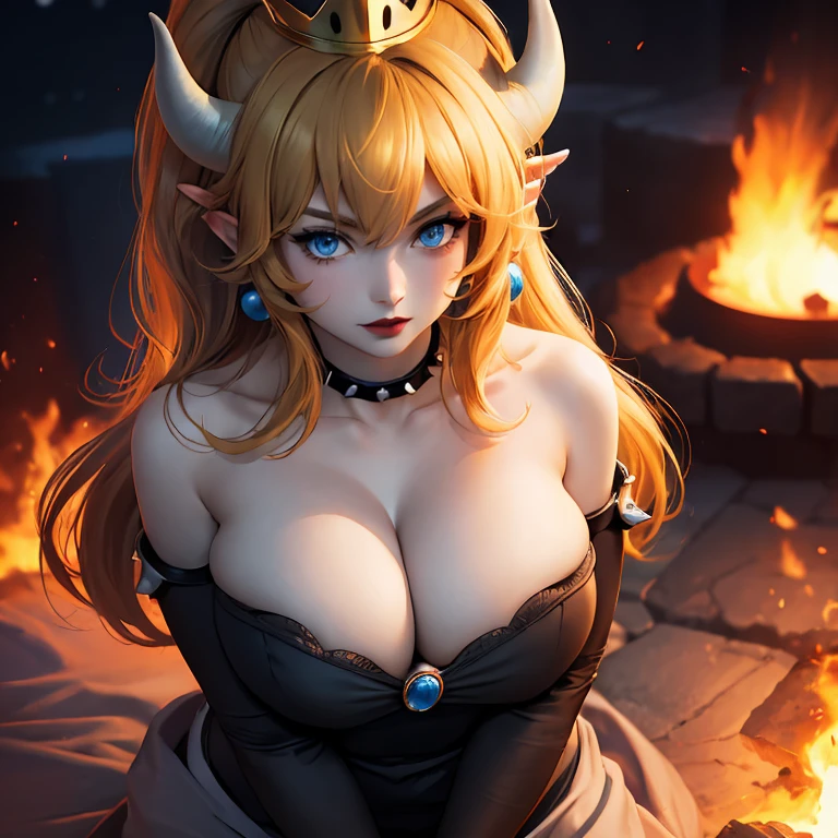 ((high detailed, best quality, 4k, masterpiece, hd:1.3)), ((best quality)), (((HD))), (((8k))), (ultraDH), (ultra HD), Princess Daisy, blue eyes, BREAK blue eyes, seductive, attractive, smooth anime cg art, 36C breasts, long legs, vivid colors, detailed digital art, slim body, perfect skin, dark blonde hair, long hair, blonde hair, blonde hair, BREAK crown, cleavage, 36C cleavage, looking at viewer, BREAK looking at viewer, extremely detailed face, red santa suit, red santa claus suit, santa claus suit, earrings, gem, dark black makeup lips, dark gothic eyeshadows, dark eyeshadows, black eyeshadows, black sexy lips, black lips, (dark:1.2), dark lips, very dark lips, (perfect hands, perfect anatomy), black makeup, black medium lips, black thick lips, detailed fingers, five fingers per hand, 5 fingers, (1 girl), detailed lips, detailed black lips, black painted lips, gothic painted lips, BREAK night, night sky, (breast focus), (arms outstreched:1.2), (from above:1.1), (breasts out:1.3), (off shoulder:1.1), (white horns), (bra), inside a lava castle, she inside a sea of lava, she bathing in lava,