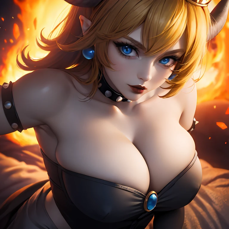 ((high detailed, best quality, 4k, masterpiece, hd:1.3)), ((best quality)), (((HD))), (((8k))), (ultraDH), (ultra HD), Princess Daisy, blue eyes, BREAK blue eyes, seductive, attractive, smooth anime cg art, 36C breasts, long legs, vivid colors, detailed digital art, slim body, perfect skin, dark blonde hair, long hair, blonde hair, blonde hair, BREAK crown, cleavage, 36C cleavage, looking at viewer, BREAK looking at viewer, extremely detailed face, red santa suit, red santa claus suit, santa claus suit, earrings, gem, dark black makeup lips, dark gothic eyeshadows, dark eyeshadows, black eyeshadows, black sexy lips, black lips, (dark:1.2), dark lips, very dark lips, (perfect hands, perfect anatomy), black makeup, black medium lips, black thick lips, detailed fingers, five fingers per hand, 5 fingers, (1 girl), detailed lips, detailed black lips, black painted lips, gothic painted lips, BREAK night, night sky, (breast focus), (arms outstreched:1.2), (from above:1.1), (breasts out:1.3), (off shoulder:1.1), (white horns), (bra), inside a lava castle, she inside a sea of lava, she bathing in lava,