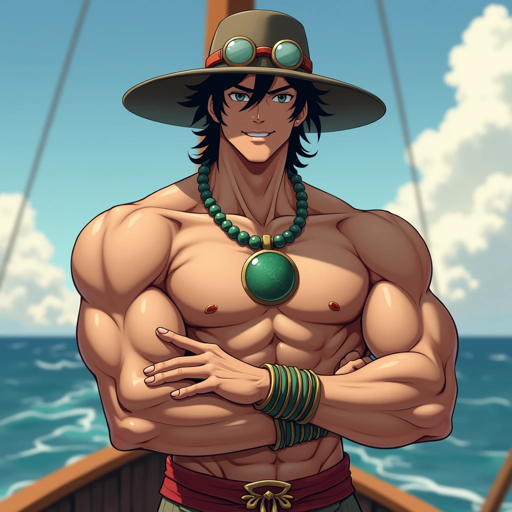 high resolution、Delicate depiction、8k、Realistic、Realistic、Young man、26 talents、Muscular、Upper body naked、Black Hair Semi-Long、Ten-gallon hat and goggles、Large round jade necklace、Bust Shot、On the boat、A confident smile