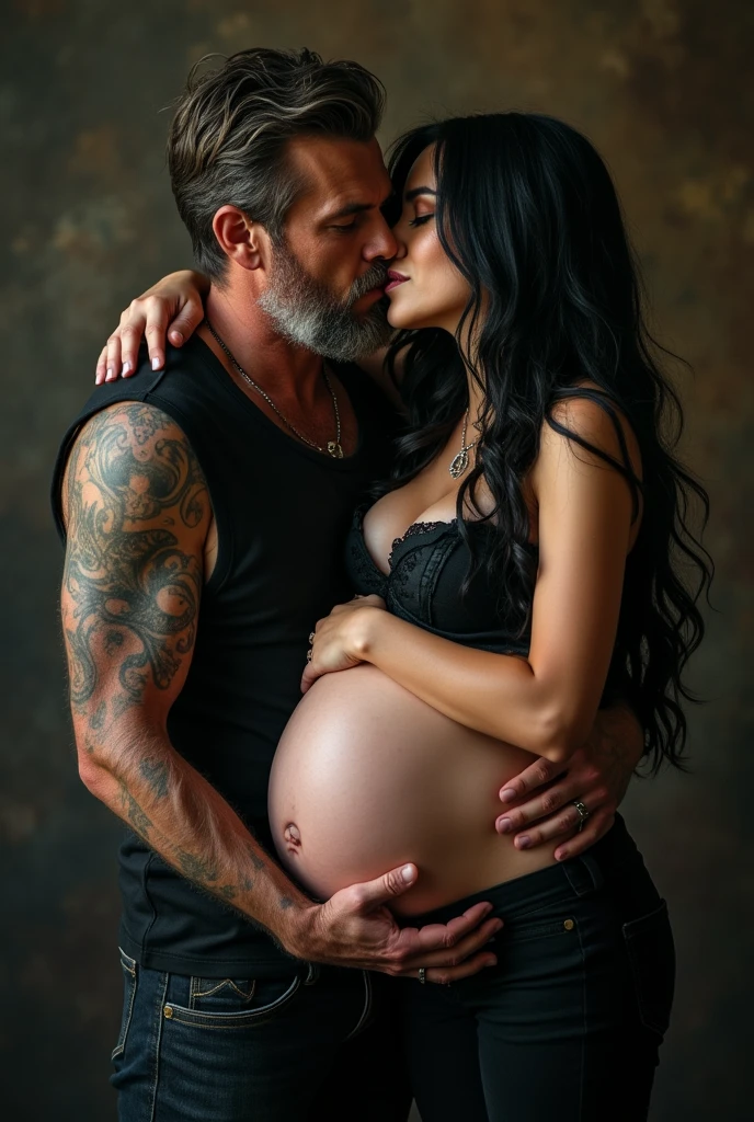 portrait de deux personnes amoureuses, sexy goth enceinte Jenna Ortega et un vieux gros redneck ((poser ensemble)), tenue sexy, (Les amoureux), couleur de cheveux différente, HDR, ambiance sordide, Cinématique, couleurs