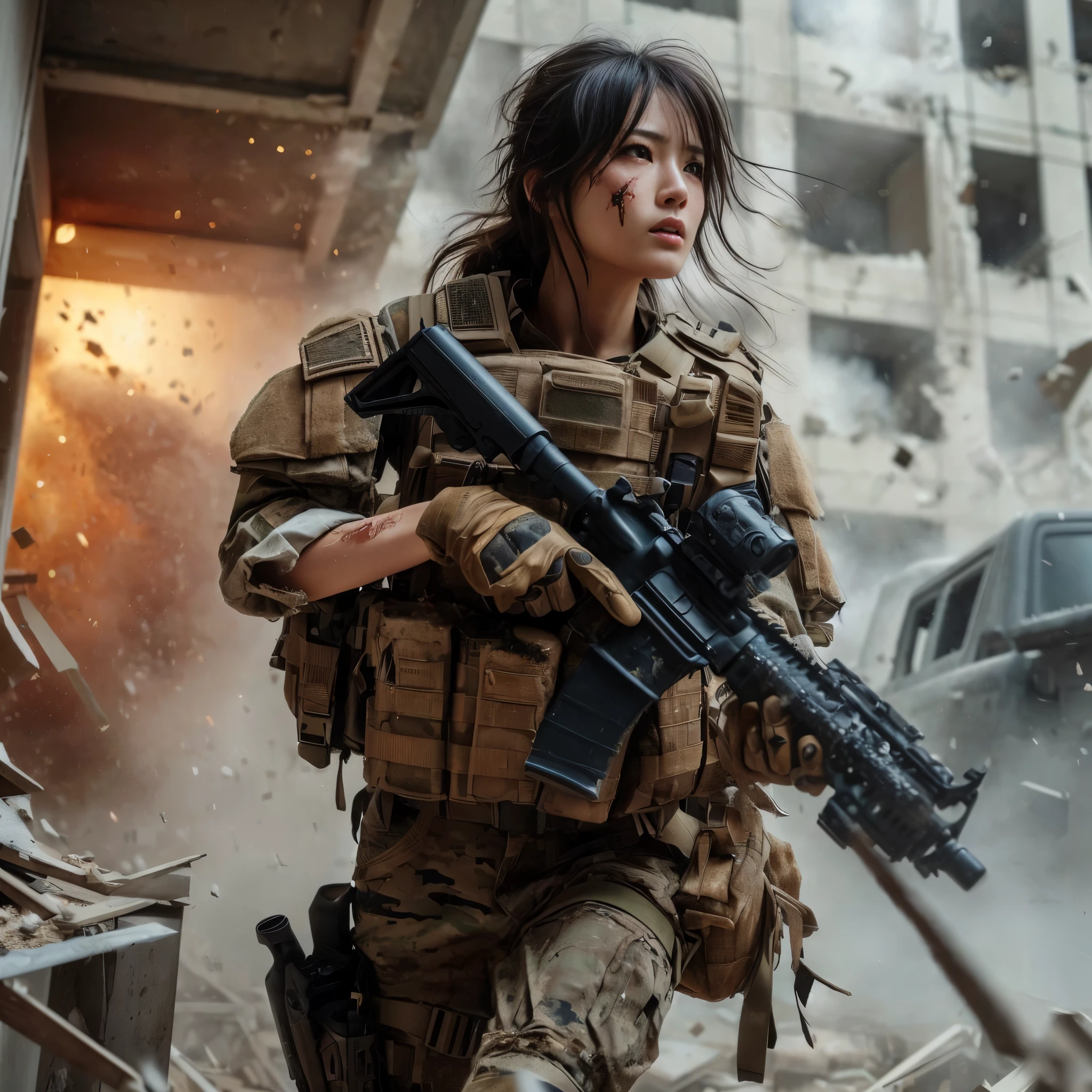 8K, realistic photo, realistic skin texture, Beautiful Japanese women in the US military、Outside the building、explosion、Close call、Walls bursting with debris、They are shouting to evacuate immediately.、Automatic rifle、Bulletproof vest、Back Back、boots、Covered in scars、Grim expression、Dynamic pose、Innovative composition、Dust is flying、傷だらけ