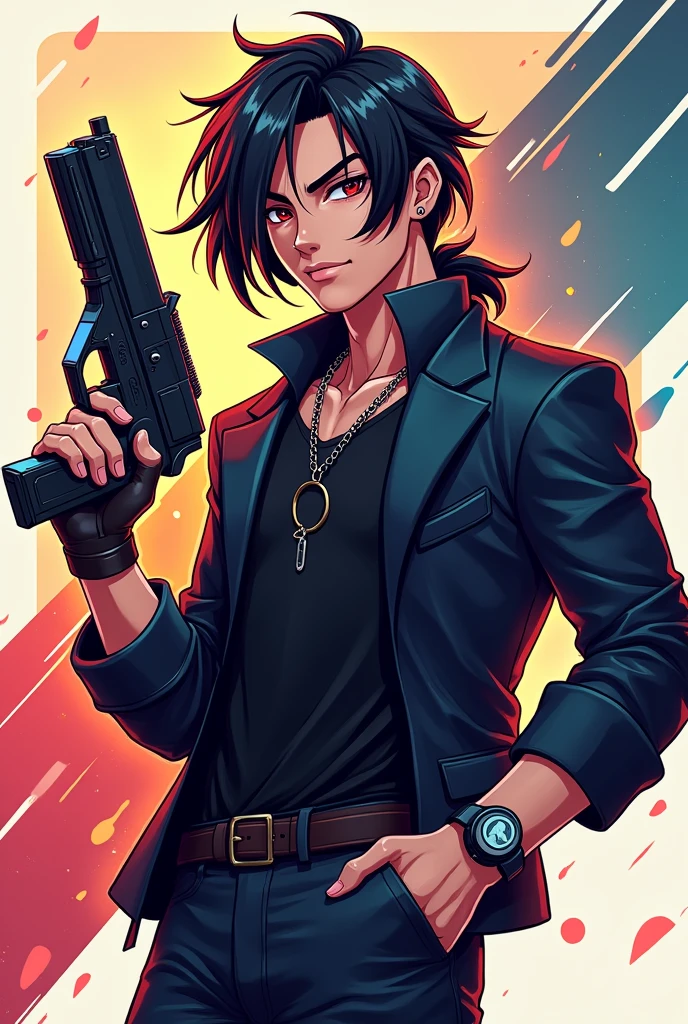 One gaming logo  gamer  handsome  with long hair  plus makey Kun shot plus attitude smile boys plus hand me gun



