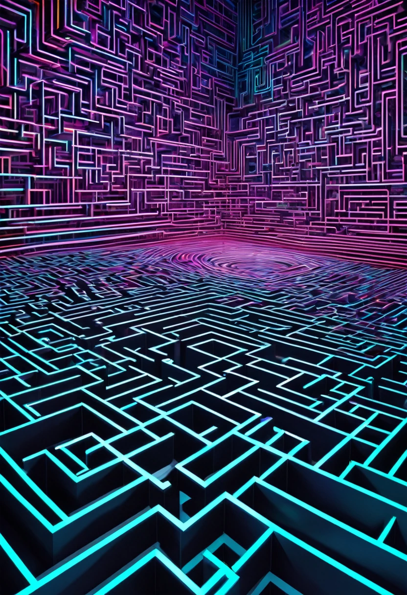 neon line lights lead you through a maze-like pattern, (ultra detailed, absolutely resolution, best quality:1.3), 2.5D, delicate and dynamic effects, artistic photography, hyper realistic, graphic CG digital art, conceptual installation art