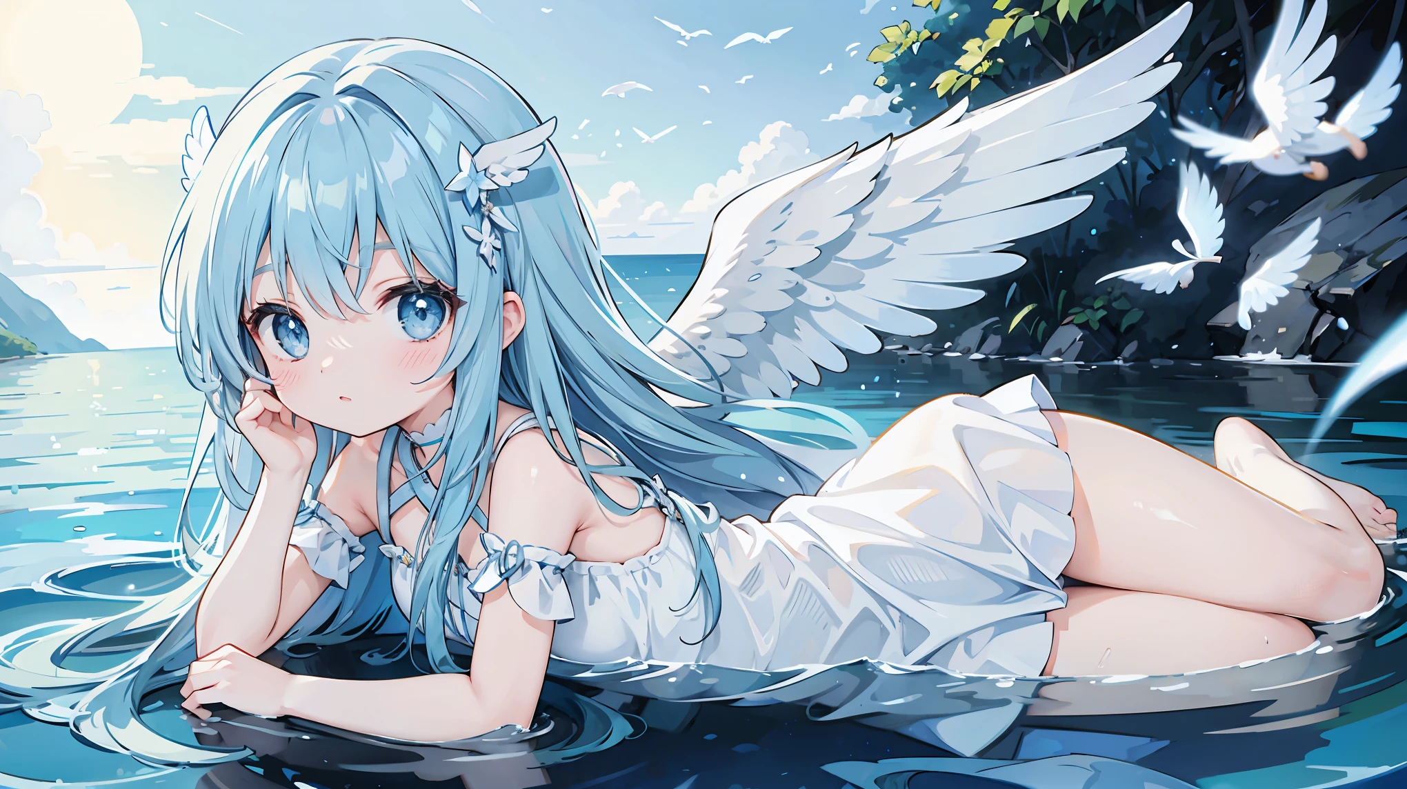 Long blue hair、Light wings on one side、Angel Halo、child、Light wings on one side、On the Sea