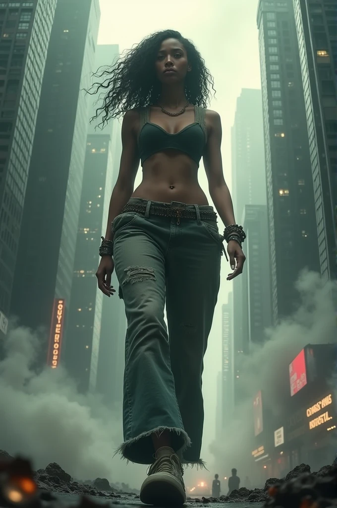 "A towering Giantess in a cool and laid-back hippie style is rocking a crop top and baggy pants. Her toned and athletic build hints at her massive strength. She seems to be casually strolling through the bustling cityscape of GTS City, as towering buildings loom overhead. Smoke and clouds roil around her, adding to the sense of epic scale and drama. The lighting is dark, gloomy, and realistic, creating a tense and ominous atmosphere. The perspective is from below, emphasizing the sheer majesty and power of the Giantess."