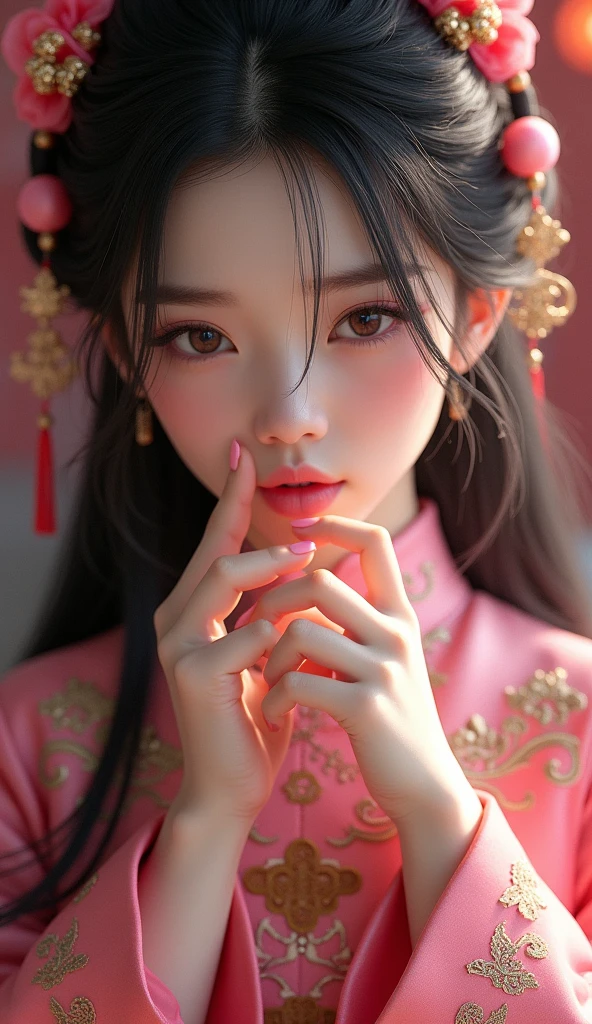1girl Chinese dress 
long hair black hair pink eye covering lips with fingers pink nails