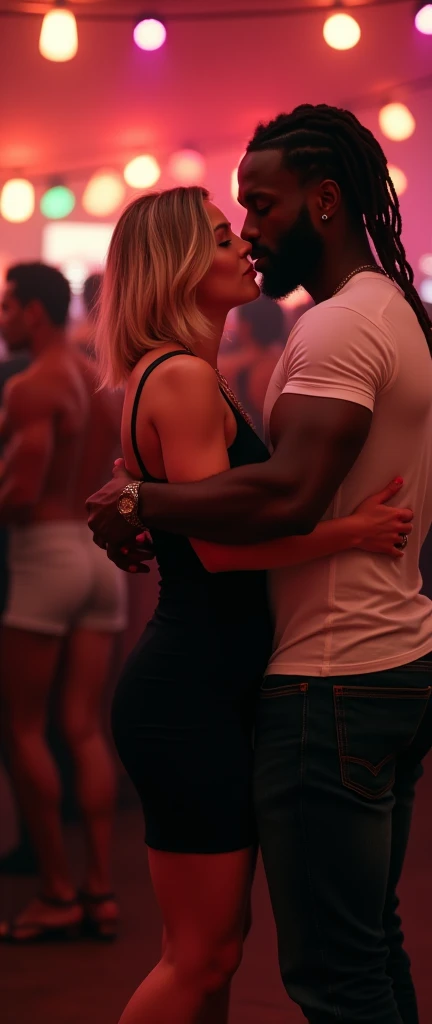 (Photorealsitic:1.4), (masterpiece:1.3), (top-quality:1.4), ((ultrarealistic)), HD 8k, (Sharp focus: 1.2), (Focus on the face:1.2),
well proportioned full body of
Claire ((innocent and little 30 years woman) and
Tyron ((big muscular ) and dominant black man 30 years ),
Claire with bright expression, extremely beautiful, amazing beautiful, extraordinary beautiful, Detailed cute femenine and beautiful face, beautiful big almond blue eyes, Detailed facial features ,Perfect Style, Beautiful Face, Anatomically correct, Highly detailed face and skin texture, Beautiful Eyes, Natural Cheeks, Glowing Skin, Fair skin: 1.2, (Glossy Lips: 1.4), elegant stylish bob blonde hair, perky small elegant nose, femenine little mouth with sexy red lips, extremely detailed eyes and face, long eyelashes, elegant lady, graceful sexy pose, Glowing white shiny skin, subtle makeup, extremely pale woman, extremely pale skin, extremely beautyful legs, tonned legs, extremely nice perky ass, slim waist, full breast,
Tyron dangerous man, handsome and extremely masculine, (strong and muscular legs chest and arms), wide shoulders, powerful jaw, detailed medium dreadlocks,
(cozy night dance club ),
alternative vibe,vibrant lighting, high contrast,dramatic shadows,highly detailed,detailed skin,depth of field,dynamic angle,
Claire is wearing a ((knee length) conservative black elegant dress) to go to a dance club matching detailed hig heels,
Tyron is wearing a white lycra tight t-shirt showing his muscles,
Claire is dancing, Tyron behind her and peple around,
full body view, desire look, (complete full body view: 1.0), detailed skin,