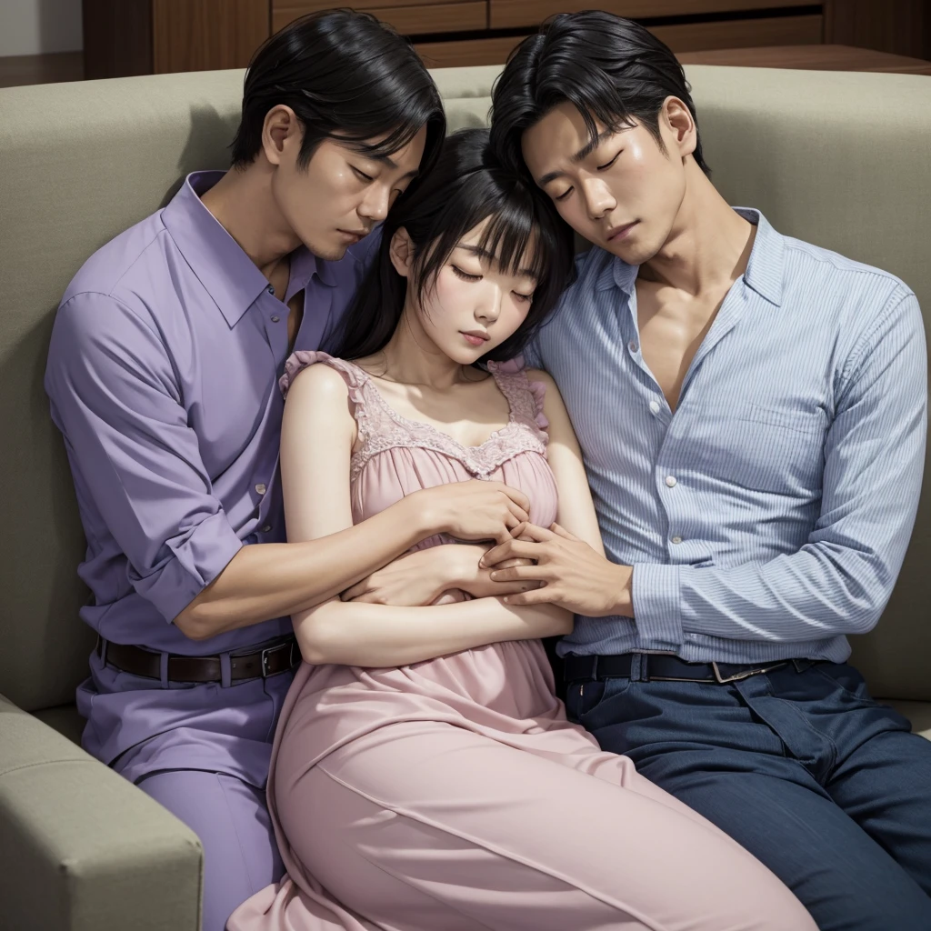 Suguru geto (from gojo)and martin katagawa from (my dress up darling) cuddling on the couch where martin is on suguru chest sleeping