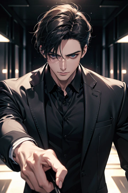(Best Quality,4k,8k,high resolution,Masterpiece:1.2),ultra detailed,(realist,photorealist,photo-realist:1.37),1 man,31 years,mature man,muscular,square jaw,very handsome,without expresion,short gray black hair,hairstyle,Blue eyes,glare,perfect face without mistakes,imposing posture,collar jacket,leather jacket,dark background,cinematic lighting,imagen HDR