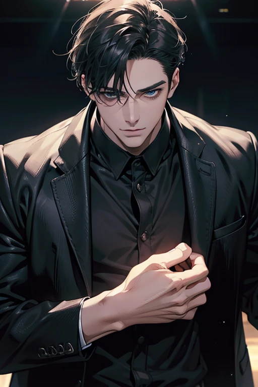 (Best Quality,4k,8k,high resolution,Masterpiece:1.2),ultra detailed,(realist,photorealist,photo-realist:1.37),1 man,31 years,mature man,muscular,square jaw,very handsome,without expresion,short gray black hair,hairstyle,Blue eyes,glare,perfect face without mistakes,imposing posture,collar jacket,leather jacket,dark background,cinematic lighting,imagen HDR