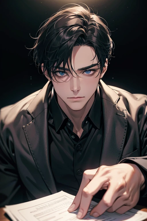 (Best Quality,4k,8k,high resolution,Masterpiece:1.2),ultra detailed,(realist,photorealist,photo-realist:1.37),1 man,31 years,mature man,muscular,square jaw,very handsome,without expresion,short gray black hair,hairstyle,Blue eyes,glare,perfect face without mistakes,imposing posture,collar jacket,leather jacket,dark background,cinematic lighting,imagen HDR