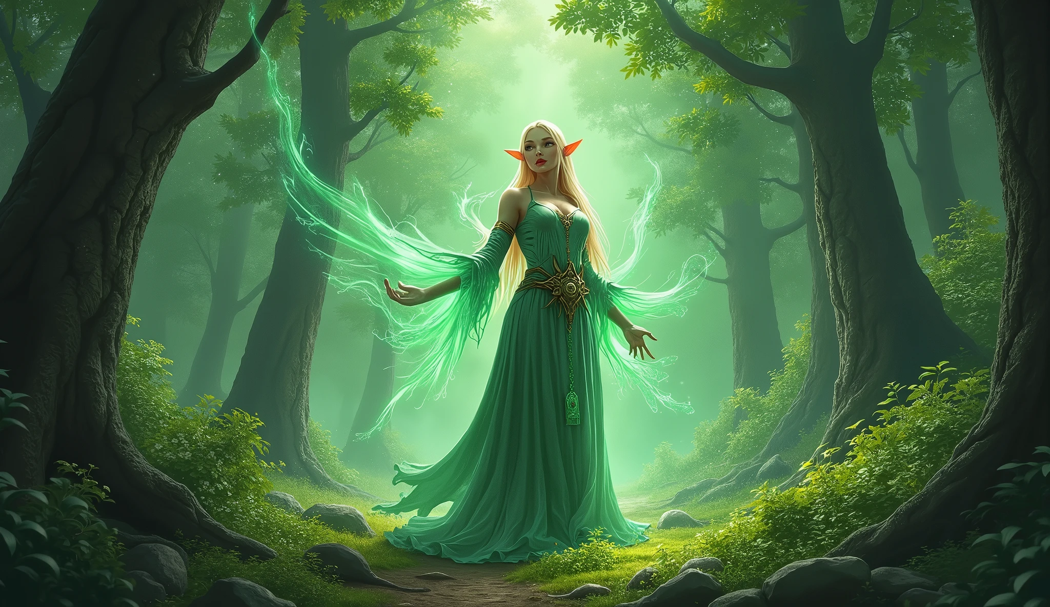 In the middle of the battle、Eris the elven druidess is in perfect harmony with the life force of the forest.、Unleash the true power hidden within you。Her magic is getting stronger、Become one with the surrounding nature and face off against the dark invaders。Ellis understood the importance of her mission.、Recognize that you are an essential part of protecting the forest。Her power spread throughout the forest、Giving hope and courage to my friends。Ellis is a blond elf woman. she is facing a horde of goblins.