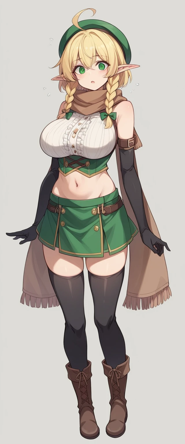 Elf、1 female、women only、short hair、twin braids、ahoge、blonde、(thin)、Big Breasts、expensive、Hollow Eyes、Black elbow gloves、((black thigh highs))、little black beret、Brown scarf、Green mini skirt、Brown boots、(full body)、Are standing、thin太もも、shoulder、belly button、isekai、fantasy、front、Character portrait