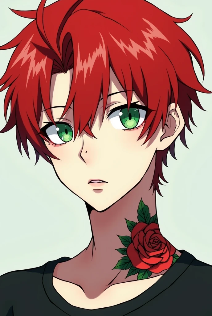 Red-haired, green-eyed boy with a mole under his left eye, white skin with a tattoo of a rose on his neck quite masculine anime