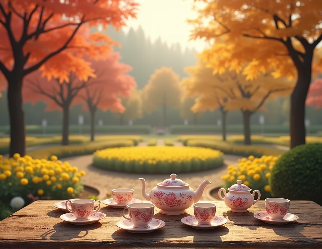 
Create an antique wooden table and on the table a pink flowered tea set, overlooking the garden with yellow chrysanthemum flowers and trees with yellow, orange and red autumn colors.