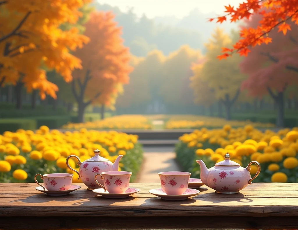 Create an antique wooden table and on the table a pink flowered tea set, overlooking the garden with yellow chrysanthemum flowers and trees with yellow, orange and red autumn colors.