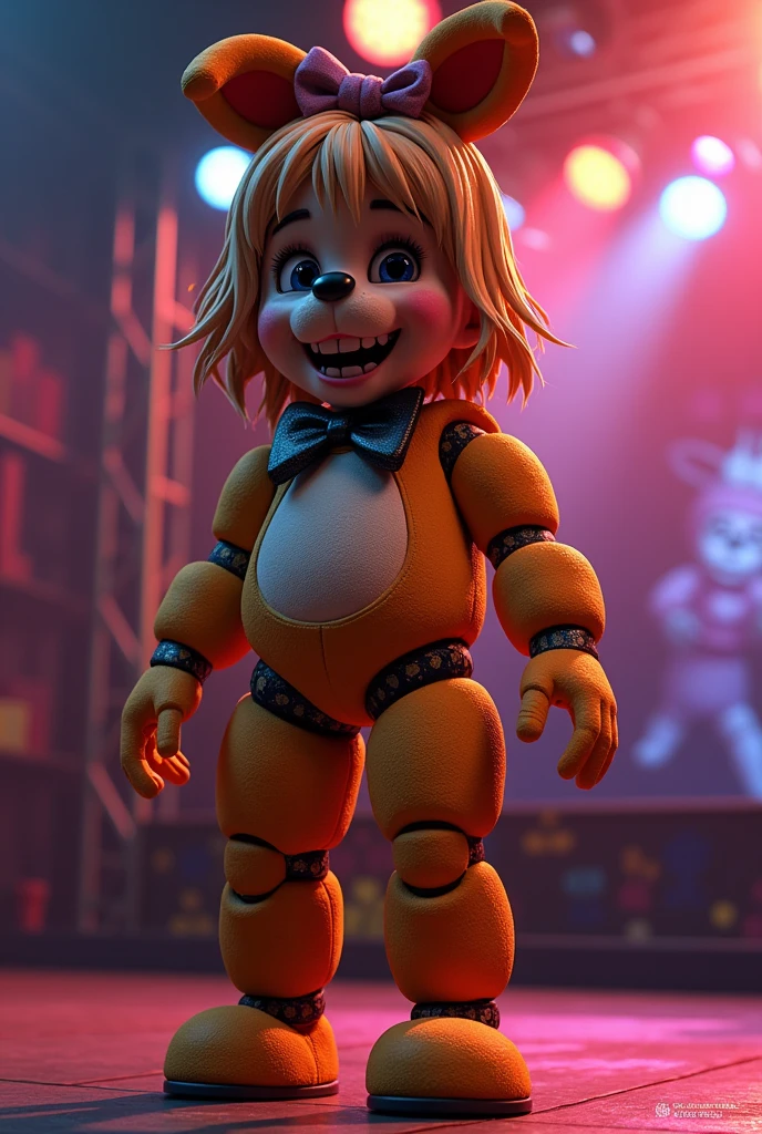 Fnaf 2, toy chica mascot, girl performer, spring locks seen, girl smiling, small chest