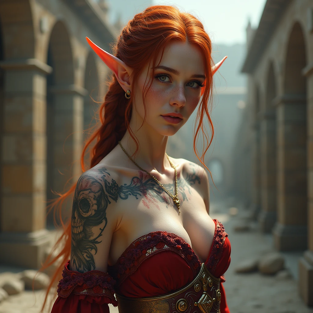 Beautiful  ginger elf sorceress, young woman with slim body, beautiful model, athletic thin body, ancient city in background, ultra realistic, Dark Elf, Perfect face, slim lips, slim nose, athletic model, , , : 1.8, small elf ears, unique face, small pointy straight ears, ,  30c size, small waist, slim athletic legs, long red hair in long ceremonial warriors braid, freckles on face, freckles on shouldes, freckles on , ultra realistic, wearing a gold red and purple belt and nothing else: 1.6, model is  except for the belt: 1.8, white and pale skin, scary Dark Elf tattoo's cover most of her body: 1.5, blood and scares on body, scars and blood on body, body covered in blood from battle and scars, large brightly colored master's tattoos cover face and body: 1.8, elven tattoos on body, blood red lips, dark purple eye makeup, arri alexa 65, film look, cinematic, natural dynamic pose, very exposed and :1.8, radiates confidence and power: 1.5