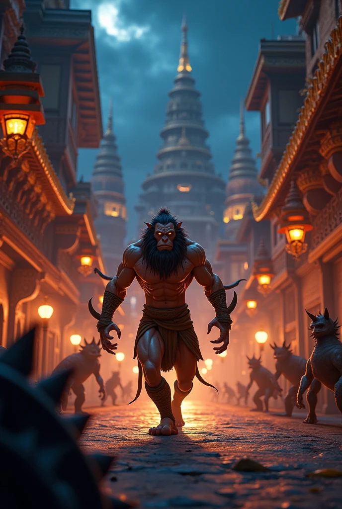 Ine cinematic 3D cartoon style"Exploration of Lanka: Hanuman moving stealthily through the streets of Lanka at night, with golden palaces and demons patrolling the area, as he searches for