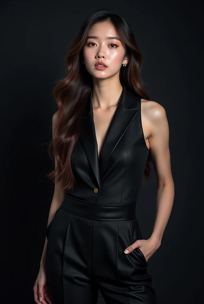 Photoshoot debut girlgrup. Rank 1 trainee. Lead Dancer, main vocalist, center, maknae. Korean. Long hair. Her face like Arin oh my girl. Concept black.