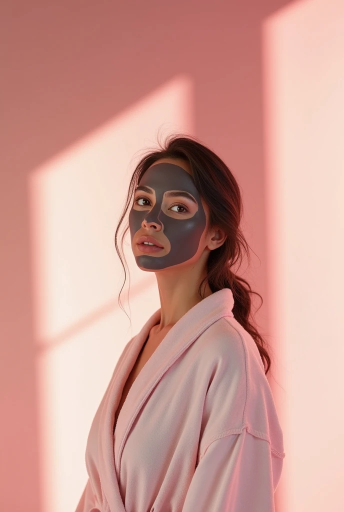 Creative and aesthetic Shoot with pink or white background of female model in bathrobe with applied charcoal face mask