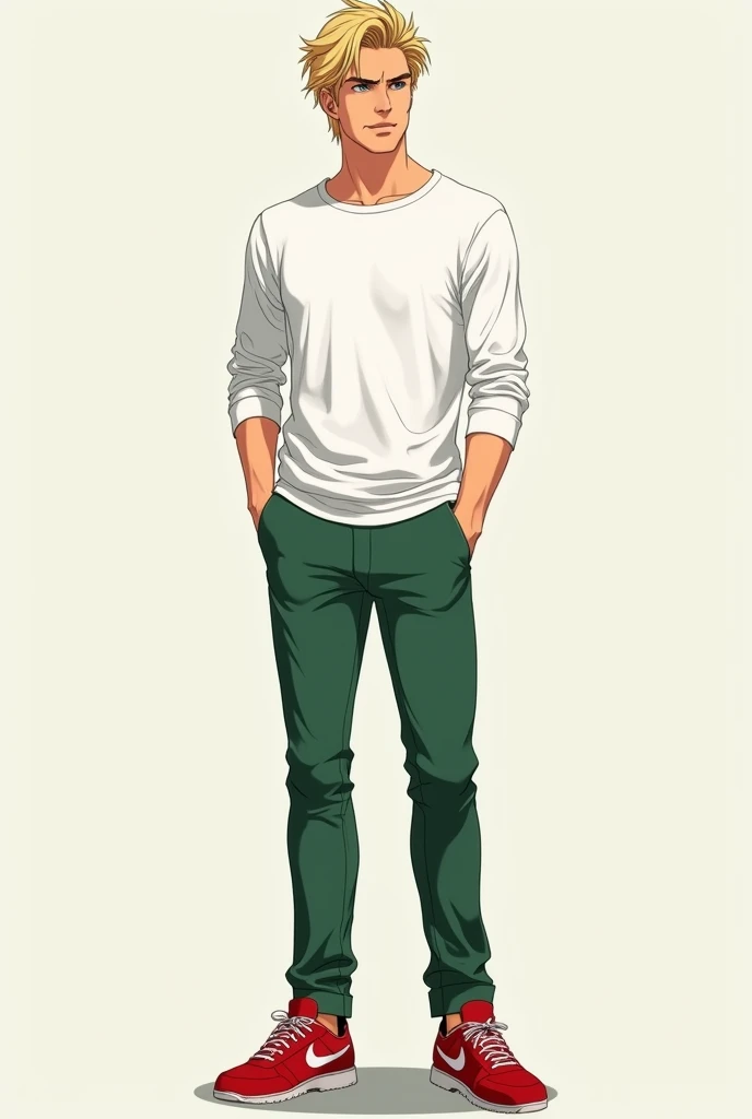  handsome male blonde hair blue eyes white shirt long sleeve green pants red shoes anime style