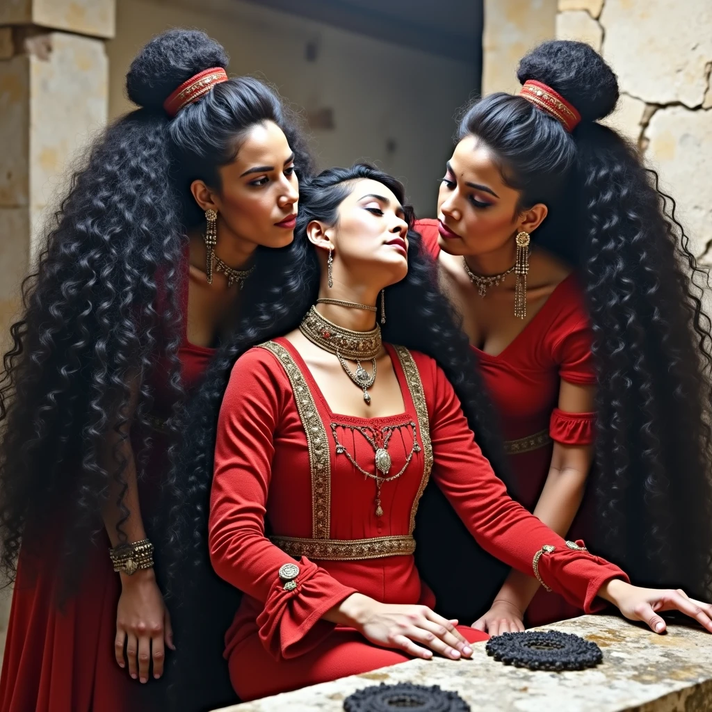 An unusual yet intriguing scene set within the sacred precincts of an ancient mayan temple. Five younger,mature,Eldery,teeny,childish girl in mexican mayan ladies, adorned in vibrant, traditional mayan dress, stand out against the dark, mystical backdrop. Their unnaturally black, 3C curly hair, reminiscent of coiled springs, draws the eye with its inexplicable sheen and volume. Each strand seems to have been meticulously crafted by an unseen hand, coiled and coiled a million times over until it reaches a state of surreal perfection. The hair appears to have been showered with an unimaginable amount of oil, so much so that it resembles wet pulp, saturated and absorbing the light around them. The kneeled lady in the center, with her hair cascading down her back, is the focal point as her tresses shimmer and reflect like a sea of black mirrors. The other two ladies, their own hair equally as wet and oil-soaked, lean over her from behind. With a playful yet fervent expression, they begin to lick and kiss her scalp, their movements seemingly driven by an unbridled passion. This act of intimate hair worship is both mesmerizing and slightly jarring, as their thick, curly locks, like dark waterfall of springs, bounce and sway with each tender caress. The scene is suffused with an air of strange ritual, as if the very essence of the divine is being invoked through the act of grooming and adoration. Each curl is a testament to the boundless creativity of nature, while the trio's shared experience speaks to a deep-rooted bond of sisterhood and the mysterious powers of feminine unity. The image captures a moment that is at once sensual, spiritual, and eerily beautiful, leaving the viewer to ponder the story behind this peculiar tableau.