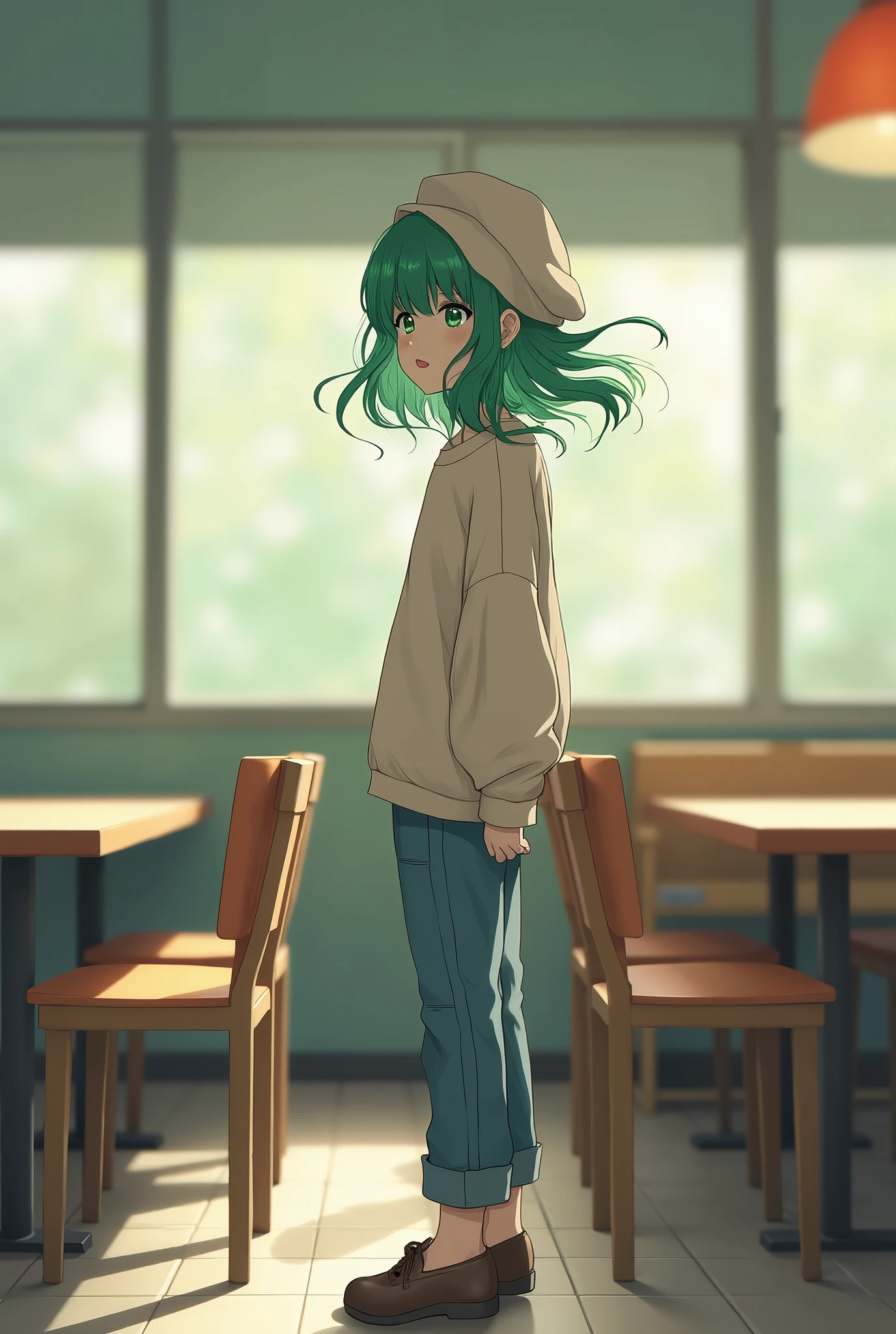 1 girl, standing alone, cafeteria, hair green, bonnet, sweater, jeans, sitting down on chair, dynamic pose, Inside the house,