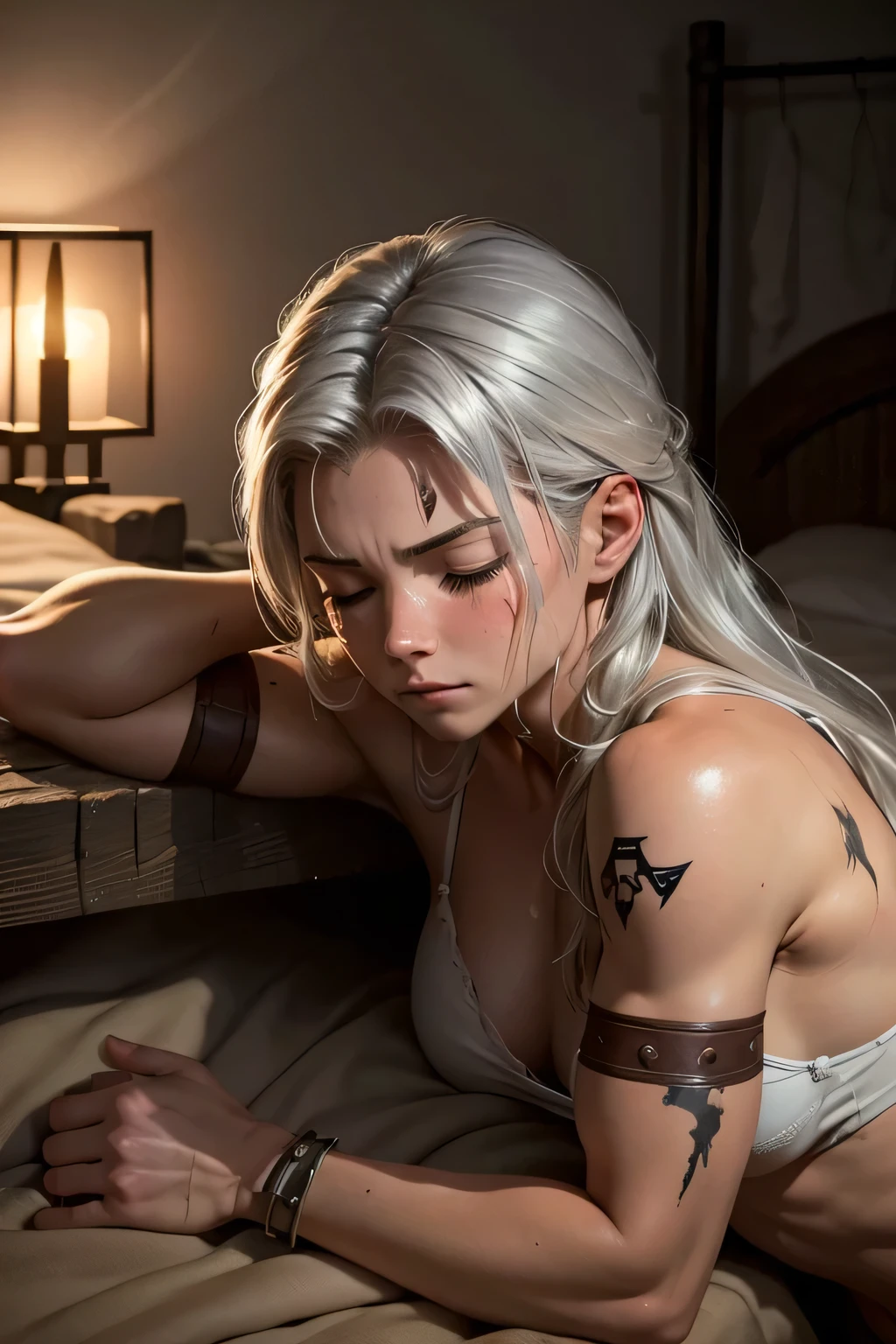 A young, muscular female warrior, her scarred body resting on a crude bed in a dimly lit room at night. She sleeps deeply, exhaustion on her dirt-streaked face,(in) underwear,Lie down, close eyes,silver hair