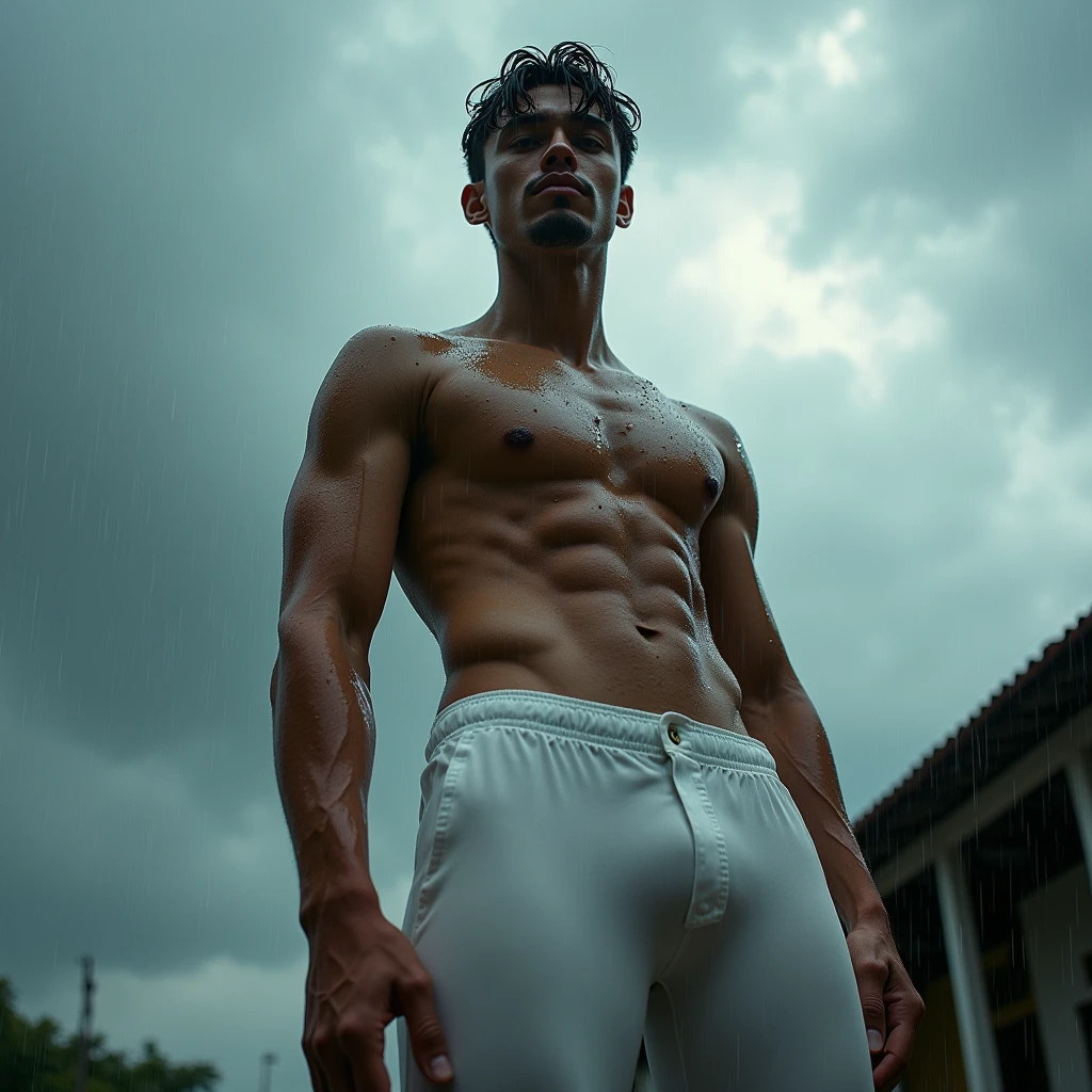 Behold a fashion editorial photo shoot featuring a photogenic and charming mixed Japanese 1 male supermodel, natural pale skin tone with a fit and slander body stands confidently under a rain, The camera angle is a dramatic low-angle shot, looking up at the model from below, creating a sense of power and dominance in the composition. The model wears white sheer pants with thick bulge, white wet t shirt, which emphasizes his athletic physique, particularly his toned legs and strong posture. His stance is wide and firm, with one arm slightly extended forward, creating a dynamic perspective that draws the viewer's eye upward along his body to his face. The environment is during a sudden downpour, with dark, heavy clouds looming overhead. The once bright sky is now filled with layers of gray, adding a dramatic contrast to the model’s olive skin. The lighting is diffused, with soft, even shadows, and the wet sheen on the model's body enhances the definition of his body. The rain is visible as small droplets, some clinging to the model’s skin and others caught mid-fall, adding texture and a sense of movement to the image.
The environment is an raining and scattered clouds, contributing to the image's vibrant and energetic atmosphere. The sunlight is intense, casting strong, natural light on the model's body, which accentuates his body definition and adds depth to the image. adds a sense of realism and enhances the rainy feel of the scene.
The photograph is taken with a Canon EOS R5 camera paired with a Canon RF 16mm F2.8 STM lens. The wide-angle lens is perfect for capturing the model's full body while emphasizing the expansive sky above. The inspiration for this shot draws from the work of Bruce Weber, known for his bold, dynamic compositions and ability to capture the strength and beauty of the human form, soak pants and t shirt, wet hair and body:1.37, heavy rain,  
