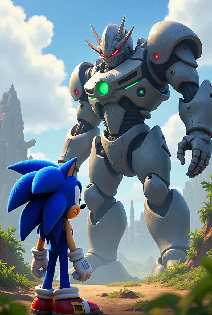 Sonic the headhog from sonic frontiers getting ready fighting a titan robot