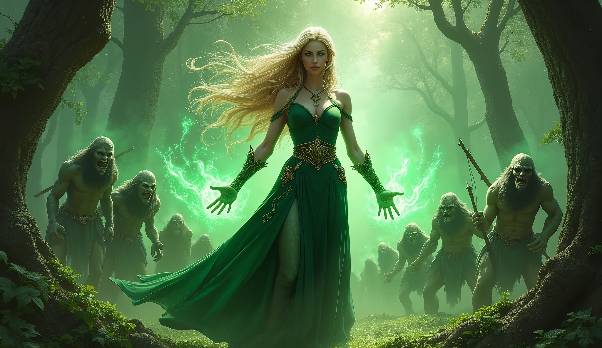In the middle of the battle、Eris the elven druidess is in perfect harmony with the life force of the forest.、Unleash the true power hidden within you。Her magic is getting stronger、Become one with the surrounding nature and face off against the dark invaders。Ellis understood the importance of her mission.、Recognize that you are an essential part of protecting the forest。Her power spread throughout the forest、Giving hope and courage to my friends。Ellis is a blond elf woman. she is facing a horde of goblins. Goblins in the foreground,  lots of golblins