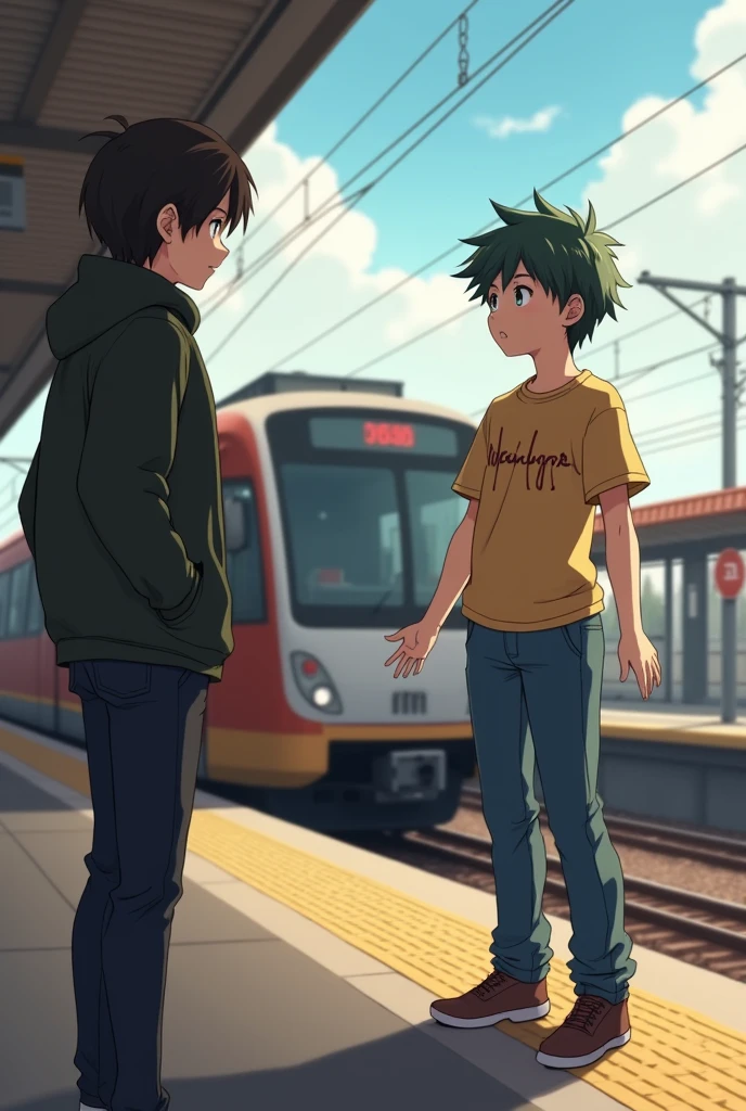 Person looking at the head of an anime boy in casual clothes and arms outstretched to the sides standing looking straight ahead at a passing train
