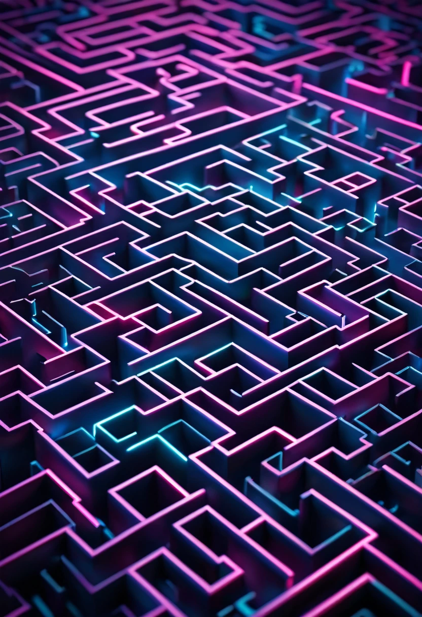 neon line lights lead you through a maze-like pattern, (ultra detailed, absolutely resolution, best quality:1.3), 2.5D, delicate and dynamic effects, artistic photography, hyper realistic, graphic CG digital art, conceptual installation art