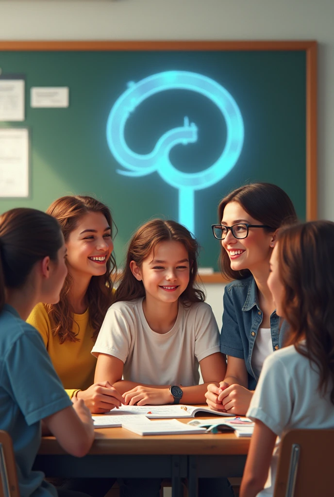 A group of students with 4 girls and 1 boy together, placing the symbol of psychology behind them!