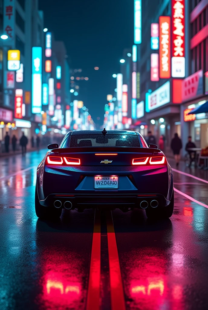 Generate a Chevrolet Camaro seen from behind and make it impressive, that it is night and that the angle is almost attached to the back of the car, with lots of neon lights on the streets and like.If I were in Japan, that the image is in 4k