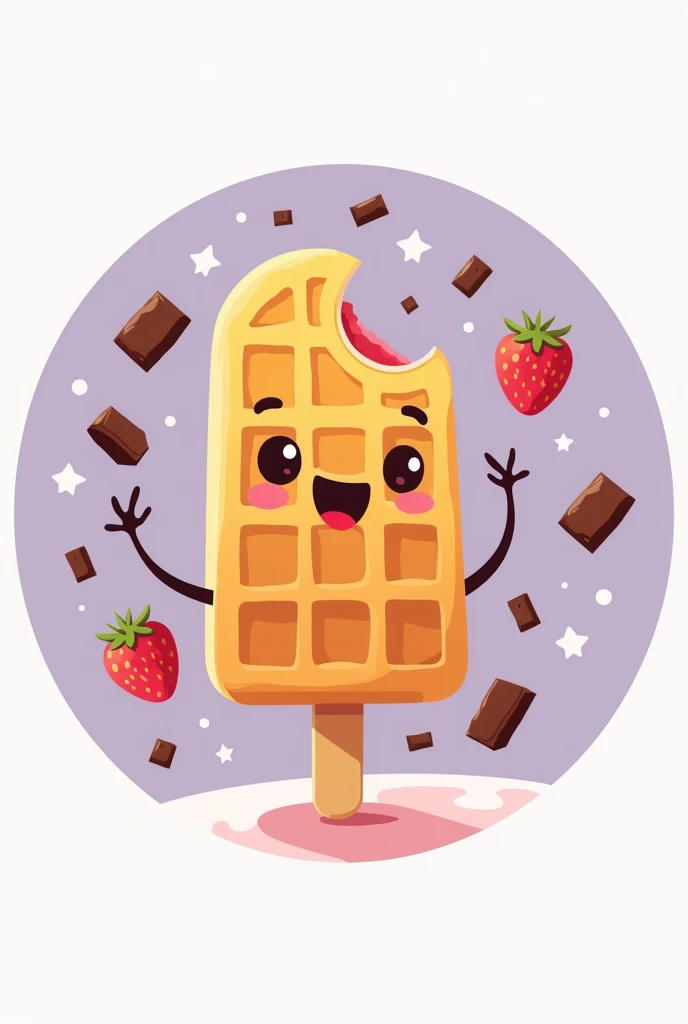 Generate a circular logo for a brand called Sweet Waffles that deals in waffle popsicles, The background of the logo should be made of chocolate pieces and strawberries falling, that it is a cyan color palette, pale pink and lilac purple and let the waffle palette and the brand name be noticed, You can also add feet, hands and a face to the waffle, but keep it a simple design.
