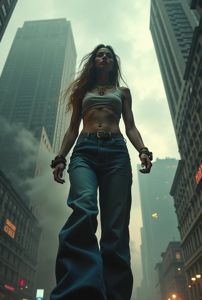 "A towering Giantess in a cool and laid-back hippie style is rocking a crop top and baggy pants. Her toned and athletic build hints at her massive strength. She seems to be casually strolling through the bustling cityscape of GTS City, as towering buildings loom overhead. Smoke and clouds roil around her, adding to the sense of epic scale and drama. The lighting is dark, gloomy, and realistic, creating a tense and ominous atmosphere. The perspective is from below, emphasizing the sheer majesty and power of the Giantess."