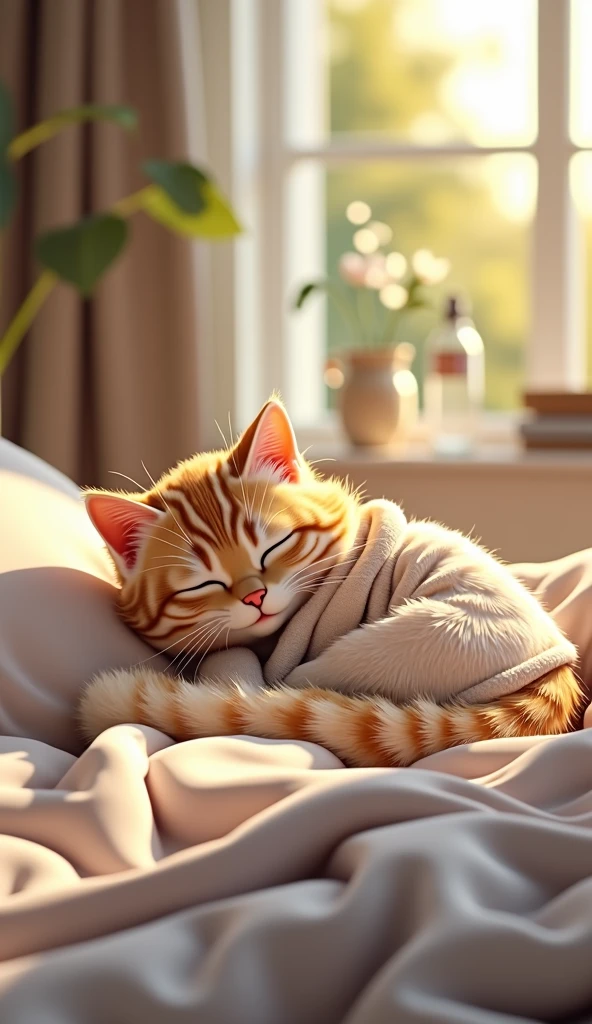 (Photorealism:1.2), A cute cat in pajamas is sleeping soundly in the bedroom