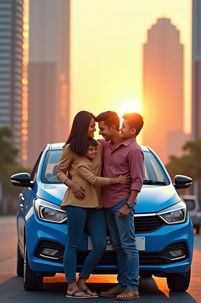 A family of 5 members mother father 5 years big son 3 years son and 1 year daughter standing infront of Tata Tiago Blue Colour Car near skyskapers in sunset